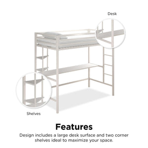 Novogratz Maxwell Metal Loft Bed with Desk & Shelves - White - Twin
