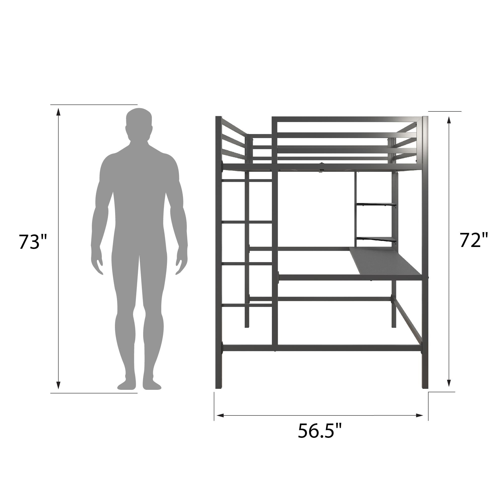Novogratz Maxwell Metal Loft Bed with Desk & Shelves - Gray - Full