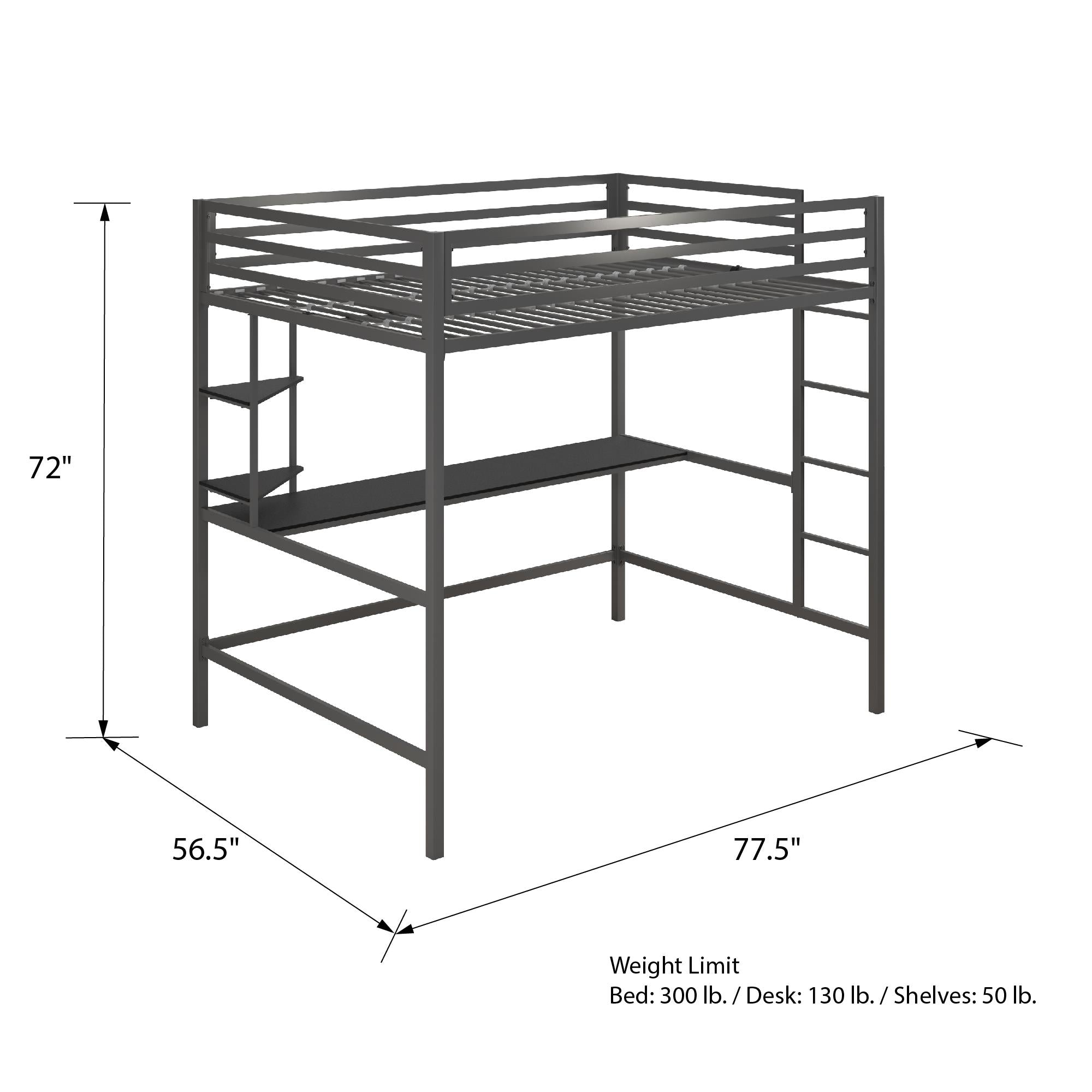 Novogratz Maxwell Metal Loft Bed with Desk & Shelves - Gray - Full