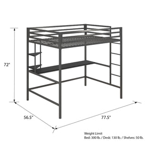 Novogratz Maxwell Metal Loft Bed with Desk & Shelves - Gray - Full