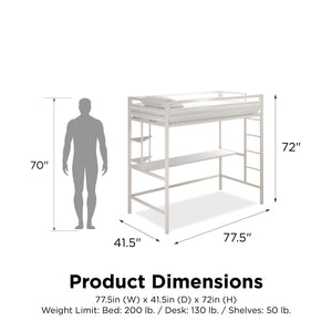 Novogratz Maxwell Metal Loft Bed with Desk & Shelves - White - Twin