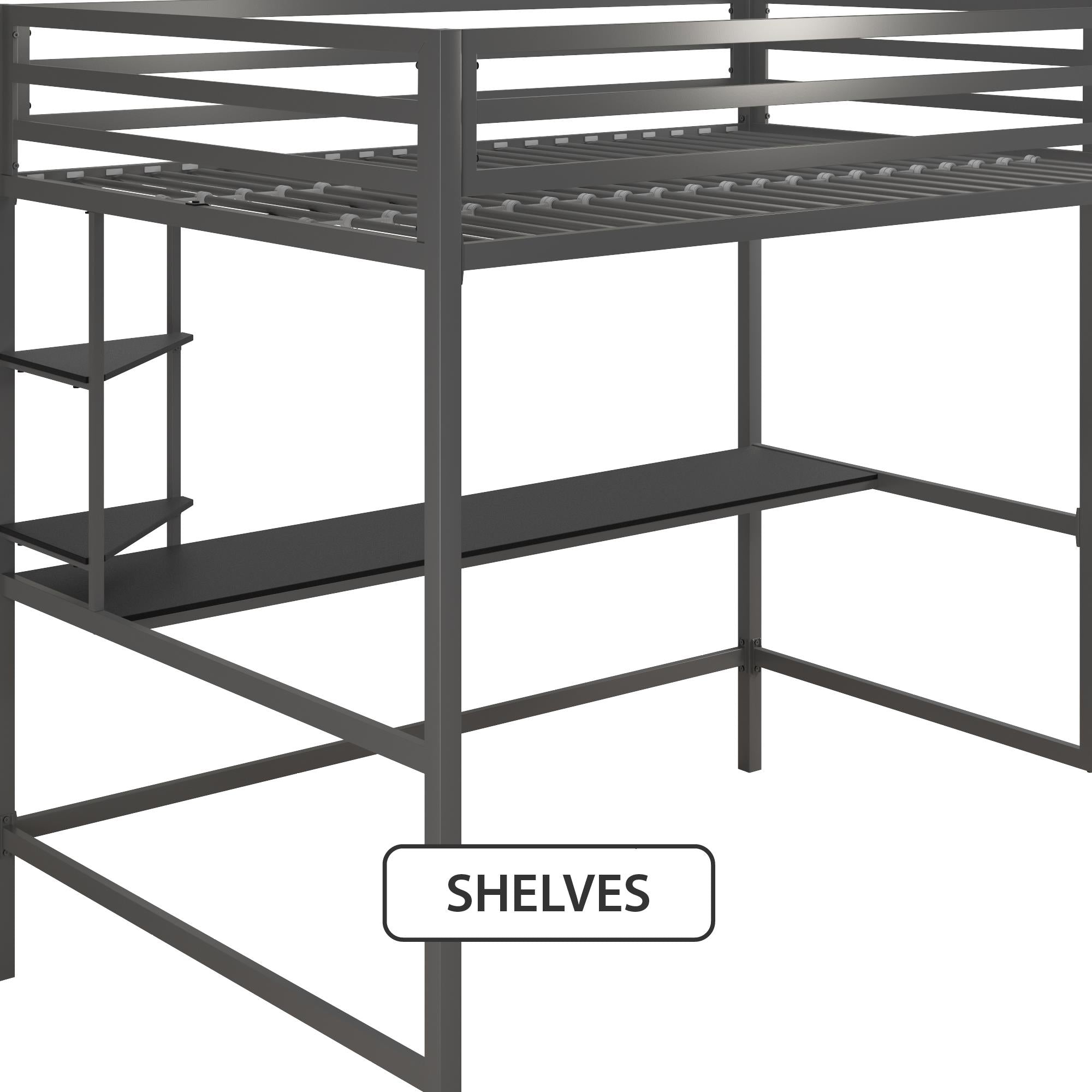 Novogratz Maxwell Metal Loft Bed with Desk & Shelves - Gray - Full
