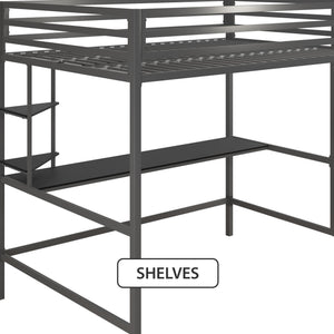 Novogratz Maxwell Metal Loft Bed with Desk & Shelves - Gray - Full