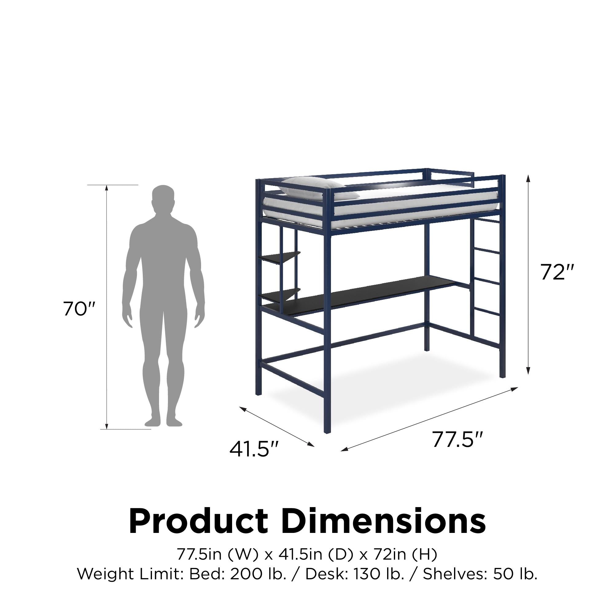 Novogratz Maxwell Metal Loft Bed with Desk & Shelves - Navy/Black - Twin