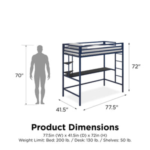 Novogratz Maxwell Metal Loft Bed with Desk & Shelves - Navy/Black - Twin