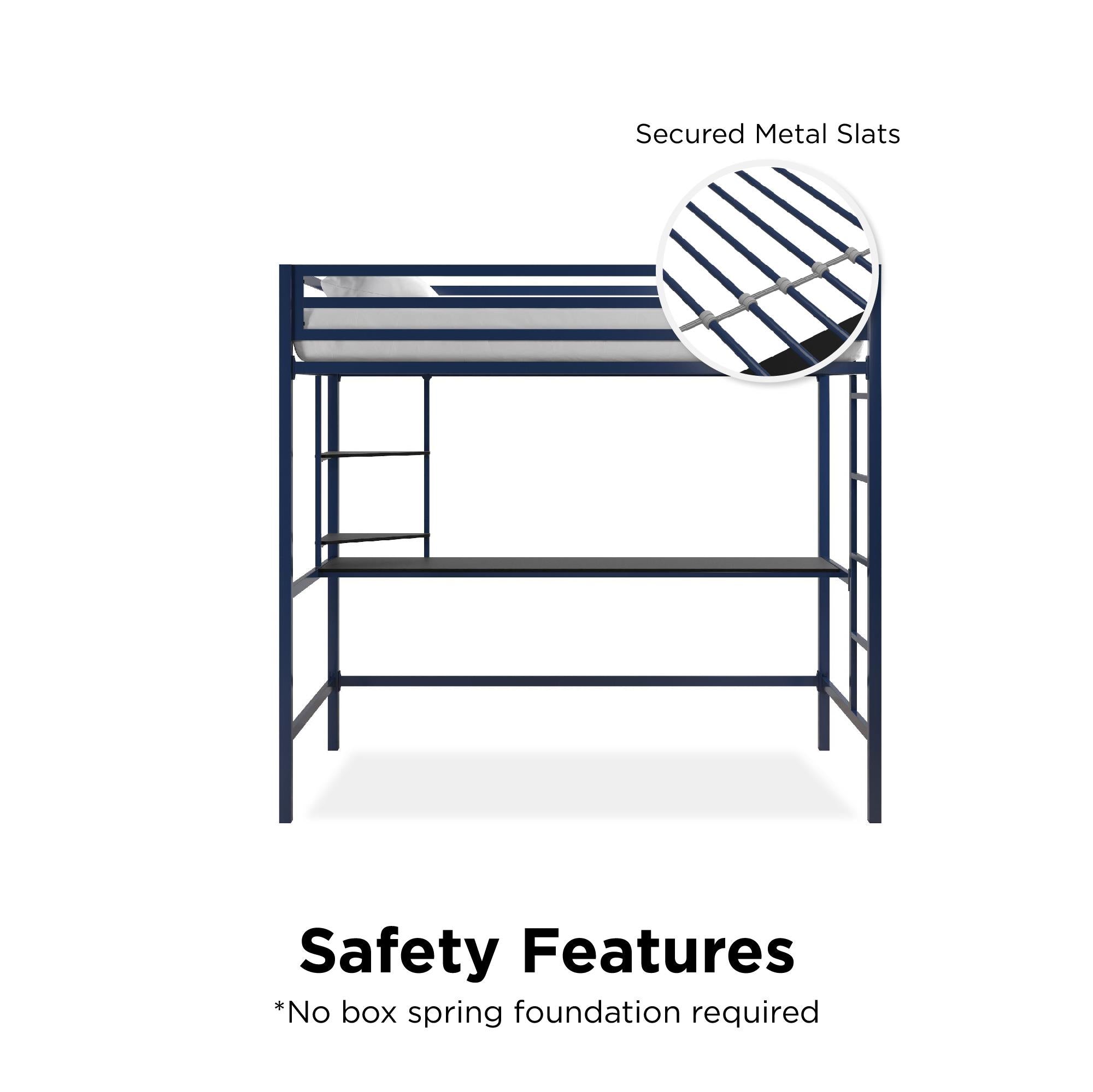 Novogratz Maxwell Metal Loft Bed with Desk & Shelves - Navy/Black - Twin