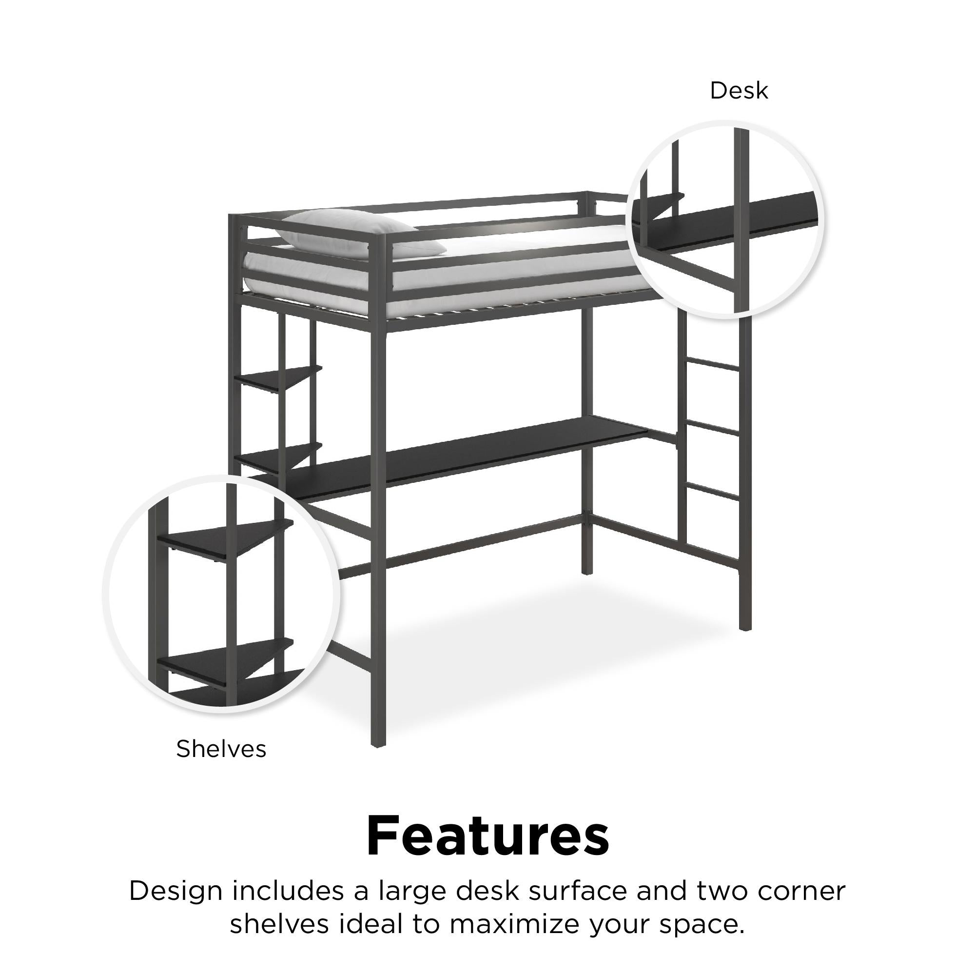 Novogratz Maxwell Metal Loft Bed with Desk & Shelves - Gray - Twin