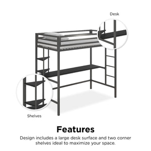 Novogratz Maxwell Metal Loft Bed with Desk & Shelves - Gray - Twin