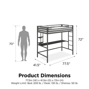 Novogratz Maxwell Metal Loft Bed with Desk & Shelves - Gray - Twin