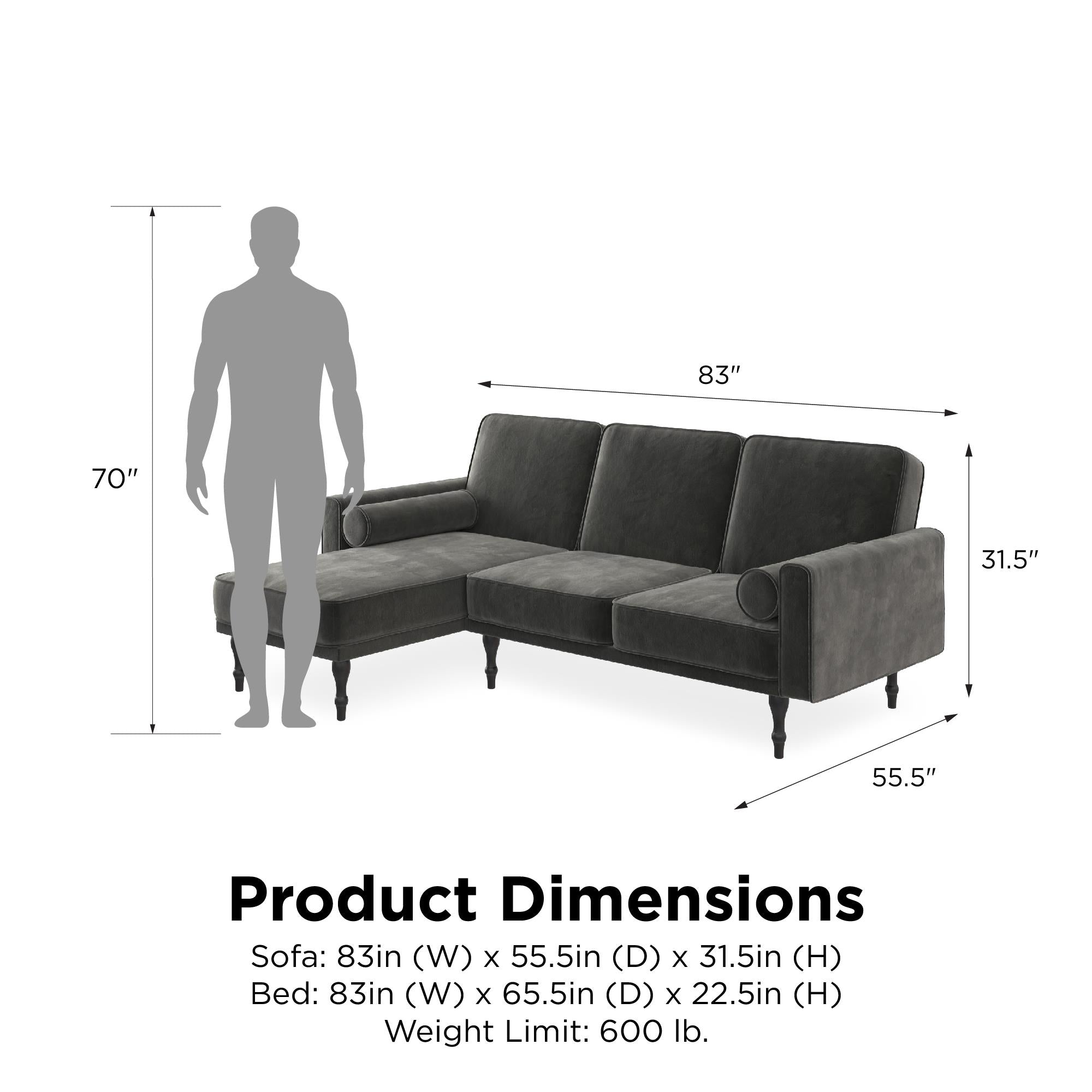 RealRooms Edison Sectional Futon Sofa Bed - Gray