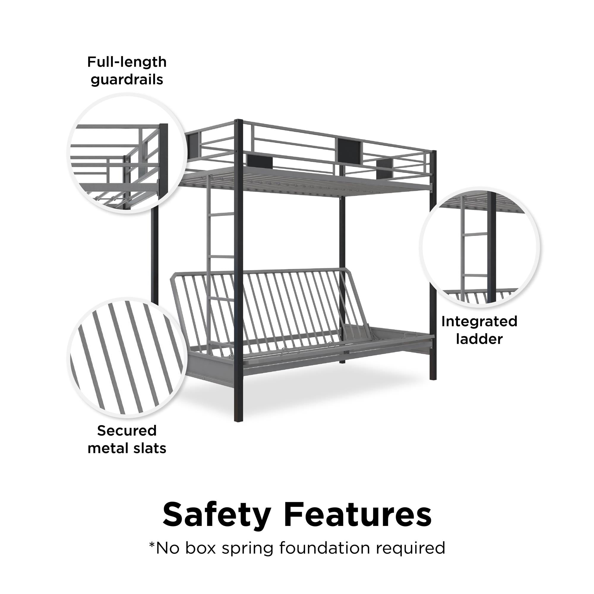DHP Silver Screen Futon Bunk Bed - Silver - Twin-Over-Futon