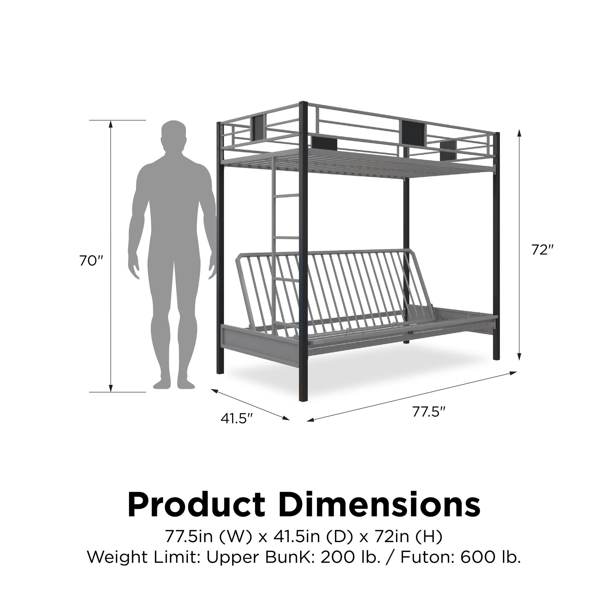 DHP Silver Screen Futon Bunk Bed - Silver - Twin-Over-Futon