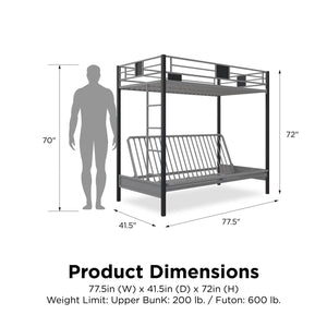 DHP Silver Screen Futon Bunk Bed - Silver - Twin-Over-Futon