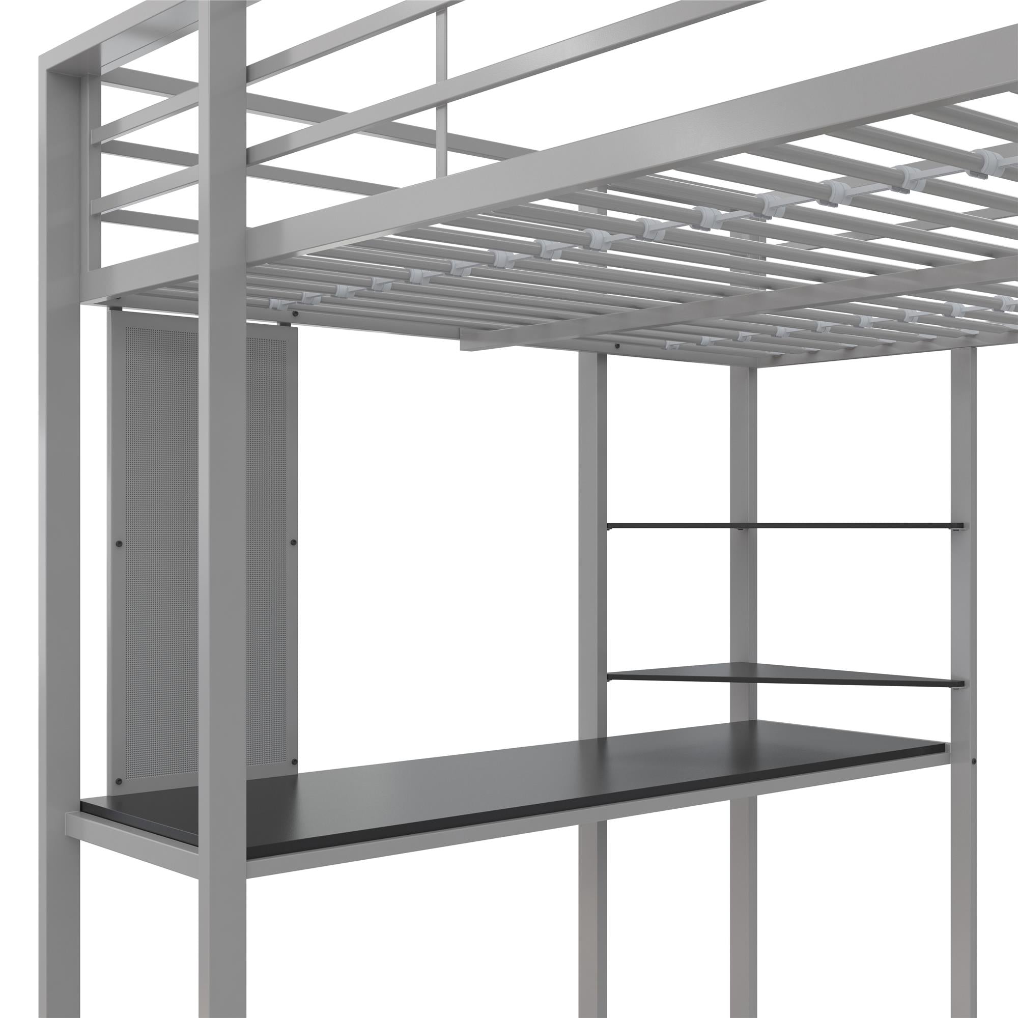 DHP Abode Metal Loft Bed with Desk and Shelves - Silver - Full